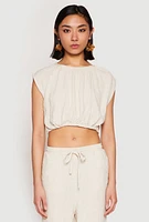 Womens Linen Ruched Elastic Hem Crop Top,