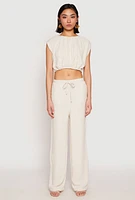 Womens Linen Ruched Elastic Hem Crop Top,