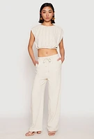 Womens Linen Ruched Elastic Hem Crop Top,