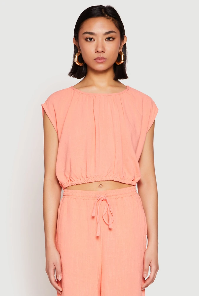 Womens Linen Ruched Elastic Hem Crop Top, Pink, Size M