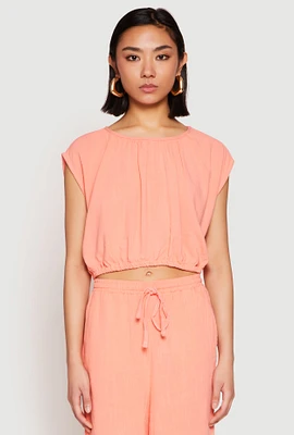 Womens Linen Ruched Elastic Hem Crop Top, Pink, Size M