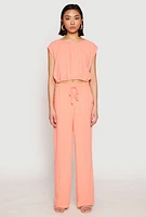 Womens Linen Ruched Elastic Hem Crop Top, Pink, Size M