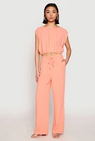 Womens Linen Ruched Elastic Hem Crop Top, Pink, Size M