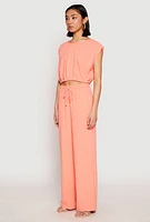 Womens Linen Ruched Elastic Hem Crop Top, Pink, Size M