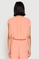 Womens Linen Ruched Elastic Hem Crop Top, Pink, Size M