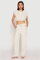 Womens Linen Wide Leg Pants, Khaki, Size S