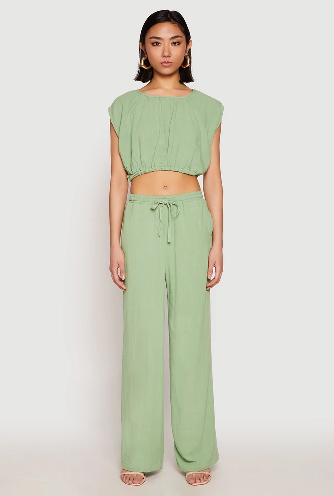 Womens Linen Wide Leg Pants, Green,