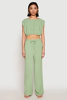 Womens Linen Wide Leg Pants, Green, Size S