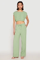 Womens Linen Wide Leg Pants, Green, Size S