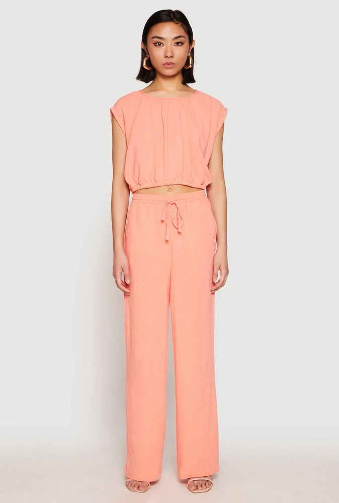 Womens Linen Wide Leg Pants, Pink, Size M