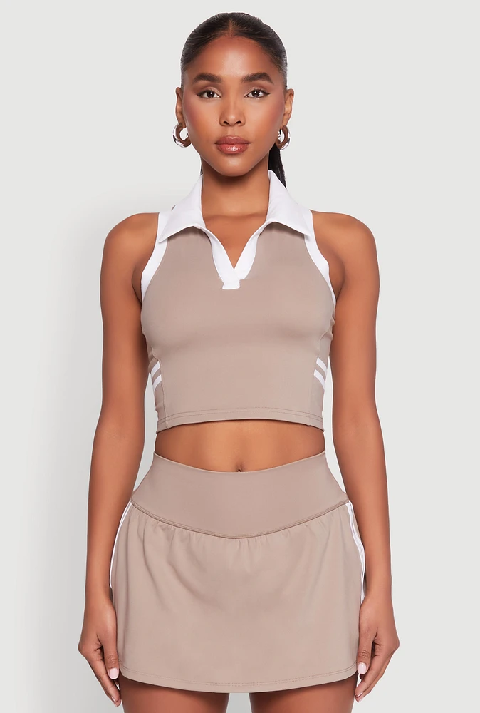 Womens Varsity Stripe Sleeveless Cropped Polo Top, Beige,