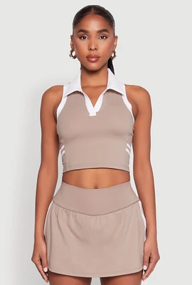 Womens Varsity Stripe Sleeveless Cropped Polo Top, Beige,