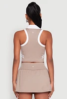 Womens Varsity Stripe Sleeveless Cropped Polo Top, Beige, Size S