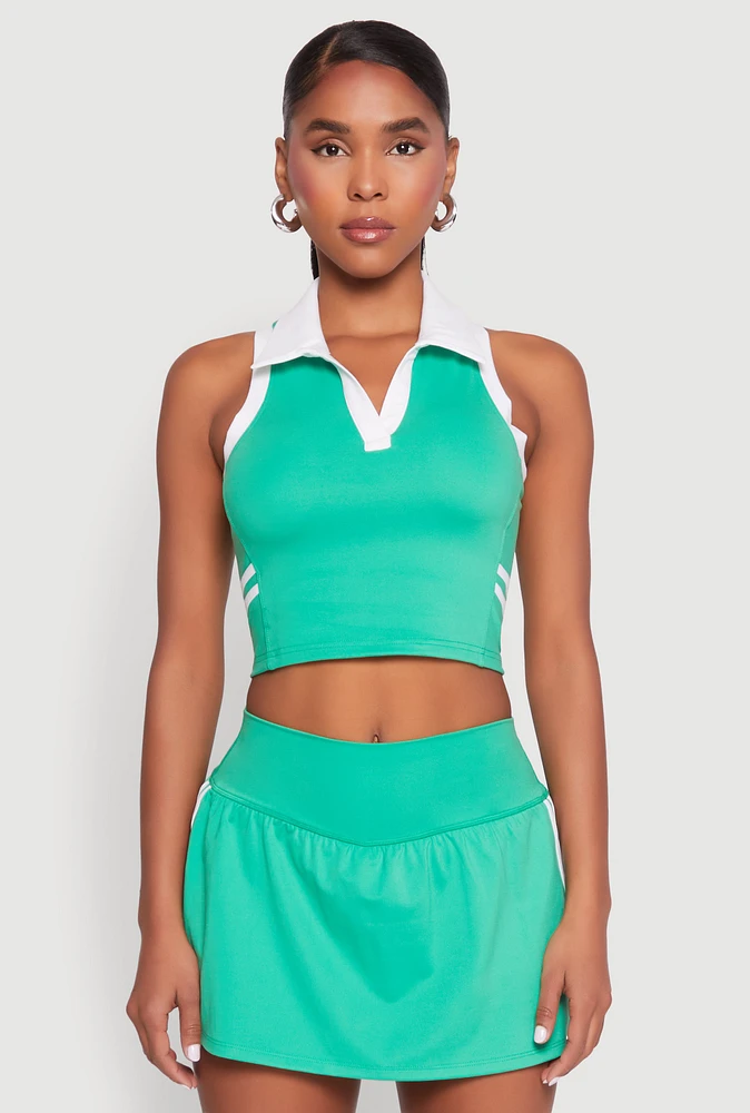 Womens Varsity Stripe Sleeveless Cropped Polo Top, Green, Size L