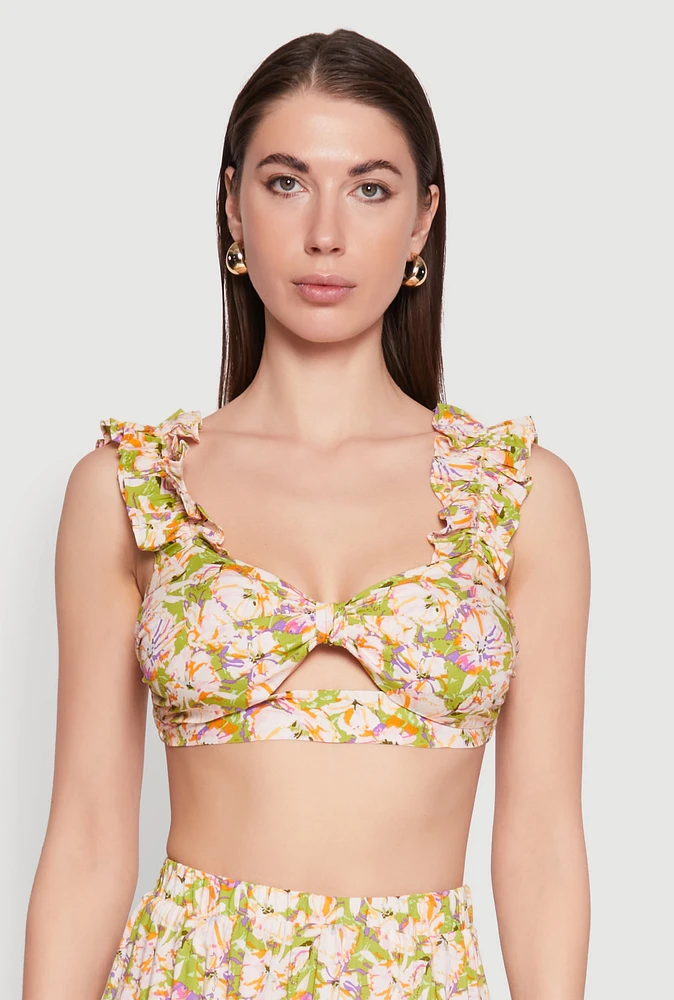 Womens Ruffle Sleeve Floral Print Bralette, Multi,
