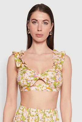 Womens Ruffle Sleeve Floral Print Bralette, Multi,