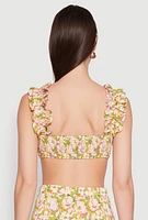Womens Ruffle Sleeve Floral Print Bralette, Multi,