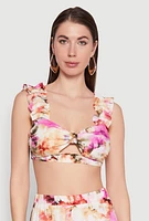 Womens Ruffle Sleeve Floral Print Bralette, Multi,