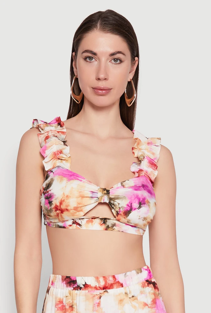 Womens Ruffle Sleeve Floral Print Bralette, Multi,