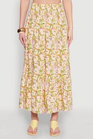 Womens High Waisted Floral Print Tiered Skirt, Multi,