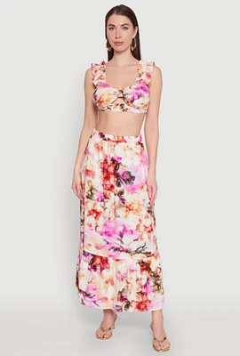 Womens High Waisted Floral Print Tiered Skirt, Multi, Size S