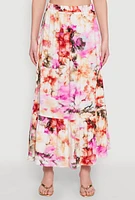 Womens High Waisted Floral Print Tiered Skirt, Multi, Size S