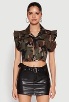 Womens Flutter Sleeve Camo Cropped Jacket, Multi,