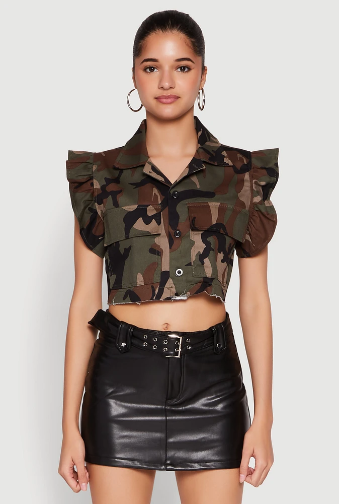Womens Flutter Sleeve Camo Cropped Jacket, Multi, Size M