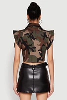 Womens Flutter Sleeve Camo Cropped Jacket, Multi,