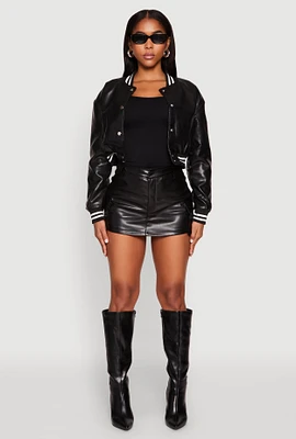 Womens Daisy Faux Leather Cropped Bomber Jacket,