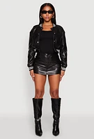 Womens Daisy Faux Leather Cropped Bomber Jacket,