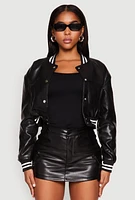 Womens Daisy Faux Leather Cropped Bomber Jacket,