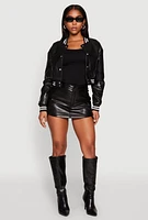 Womens Daisy Faux Leather Cropped Bomber Jacket,