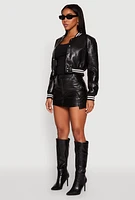 Womens Daisy Faux Leather Cropped Bomber Jacket,