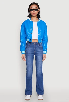 Womens Daisy Faux Leather Cropped Bomber Jacket,