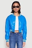 Womens Daisy Faux Leather Cropped Bomber Jacket, Blue, Size L