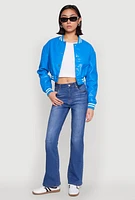 Womens Daisy Faux Leather Cropped Bomber Jacket, Blue, Size L