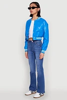 Womens Daisy Faux Leather Cropped Bomber Jacket, Blue, Size L