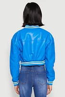 Womens Daisy Faux Leather Cropped Bomber Jacket, Blue, Size L