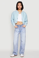 Womens Daisy Faux Leather Cropped Bomber Jacket,