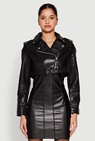 Womens Daisy Faux Leather Belted Front Cropped Moto Jacket,