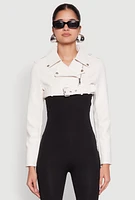 Womens Daisy Faux Leather Buckle Front Cropped Moto Jacket, White, Size M