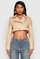 Womens Daisy Faux Leather Belted Front Cropped Moto Jacket,