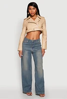 Womens Daisy Faux Leather Belted Front Cropped Moto Jacket,