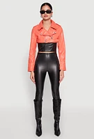 Womens Daisy Faux Leather Belted Front Cropped Moto Jacket, M