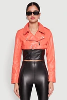 Womens Daisy Faux Leather Belted Front Cropped Moto Jacket, M