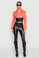 Womens Daisy Faux Leather Belted Front Cropped Moto Jacket, M