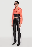 Womens Daisy Faux Leather Belted Front Cropped Moto Jacket, M