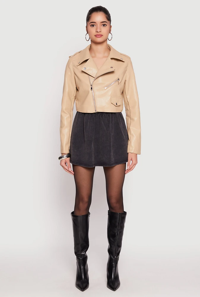 Womens Daisy Faux Leather Cropped Moto Jacket, Beige, Size L