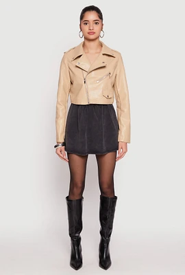 Womens Daisy Faux Leather Cropped Moto Jacket, Beige, Size L